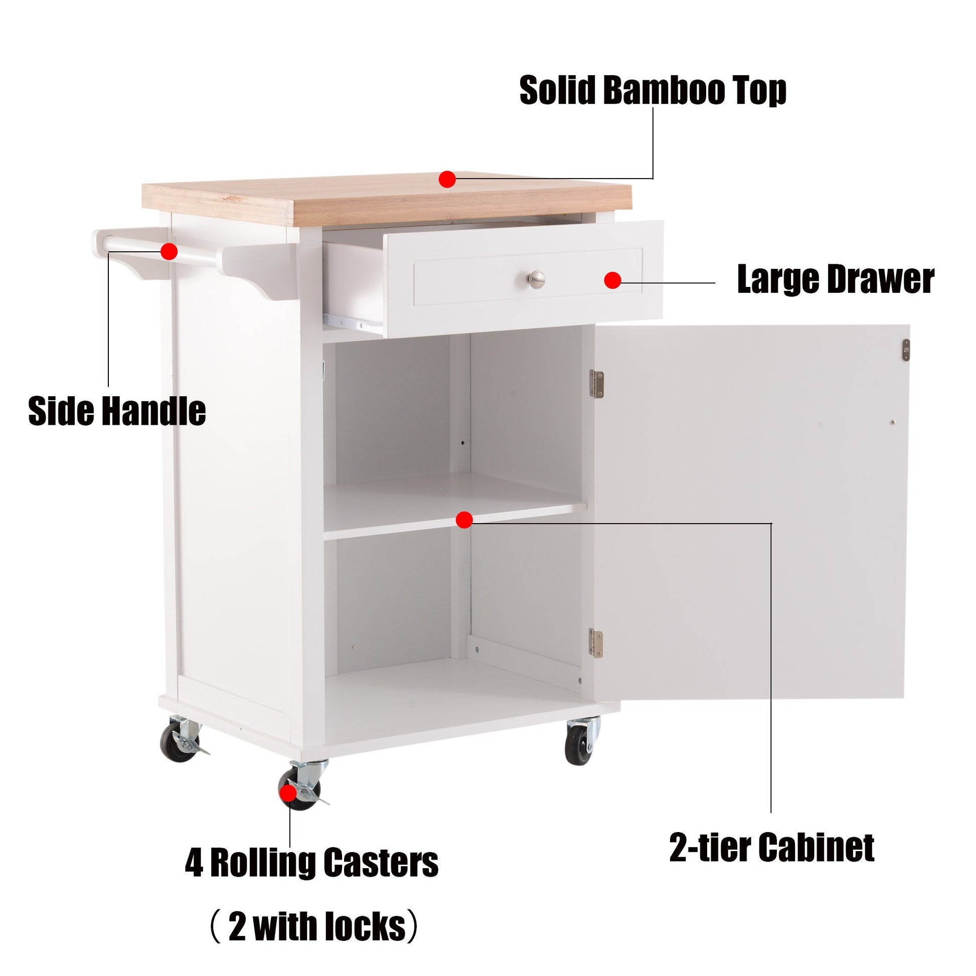 Kitchen Cart Storage Trolley Wooden Cabinet with Drawer Cupboard Towel Rail White-3