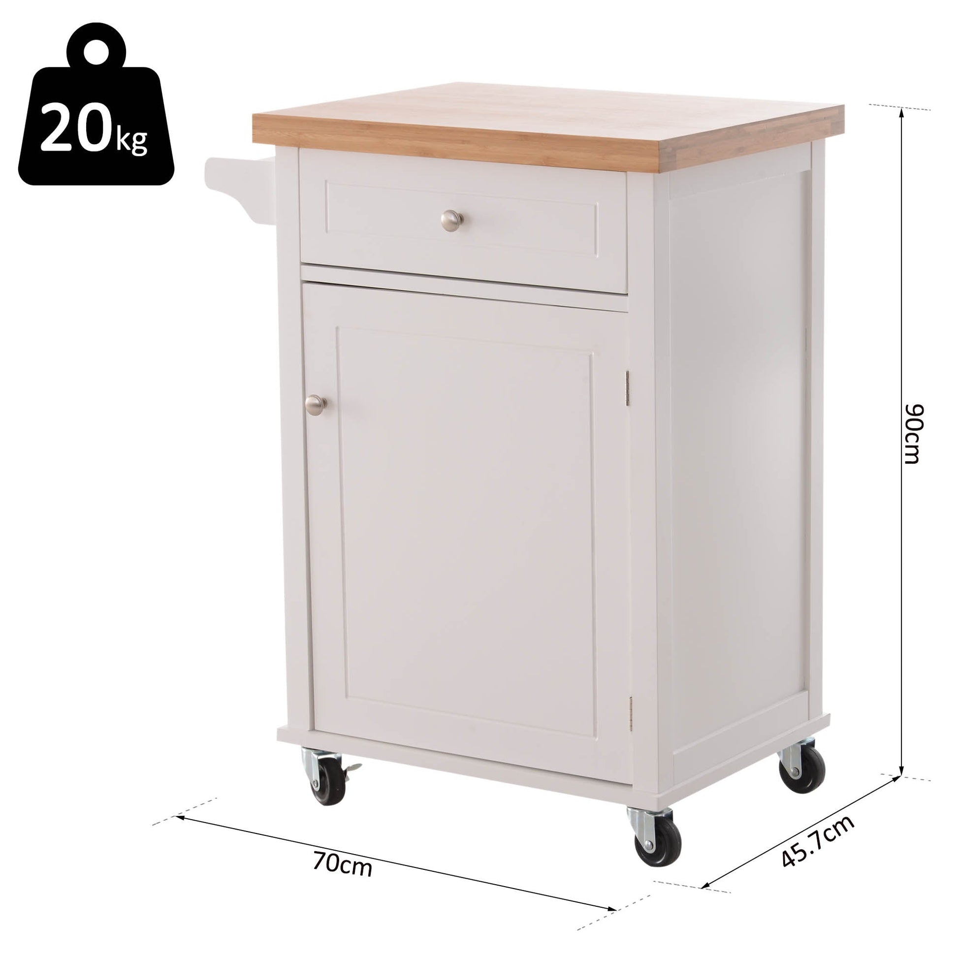 Kitchen Cart Storage Trolley Wooden Cabinet with Drawer Cupboard Towel Rail White-2