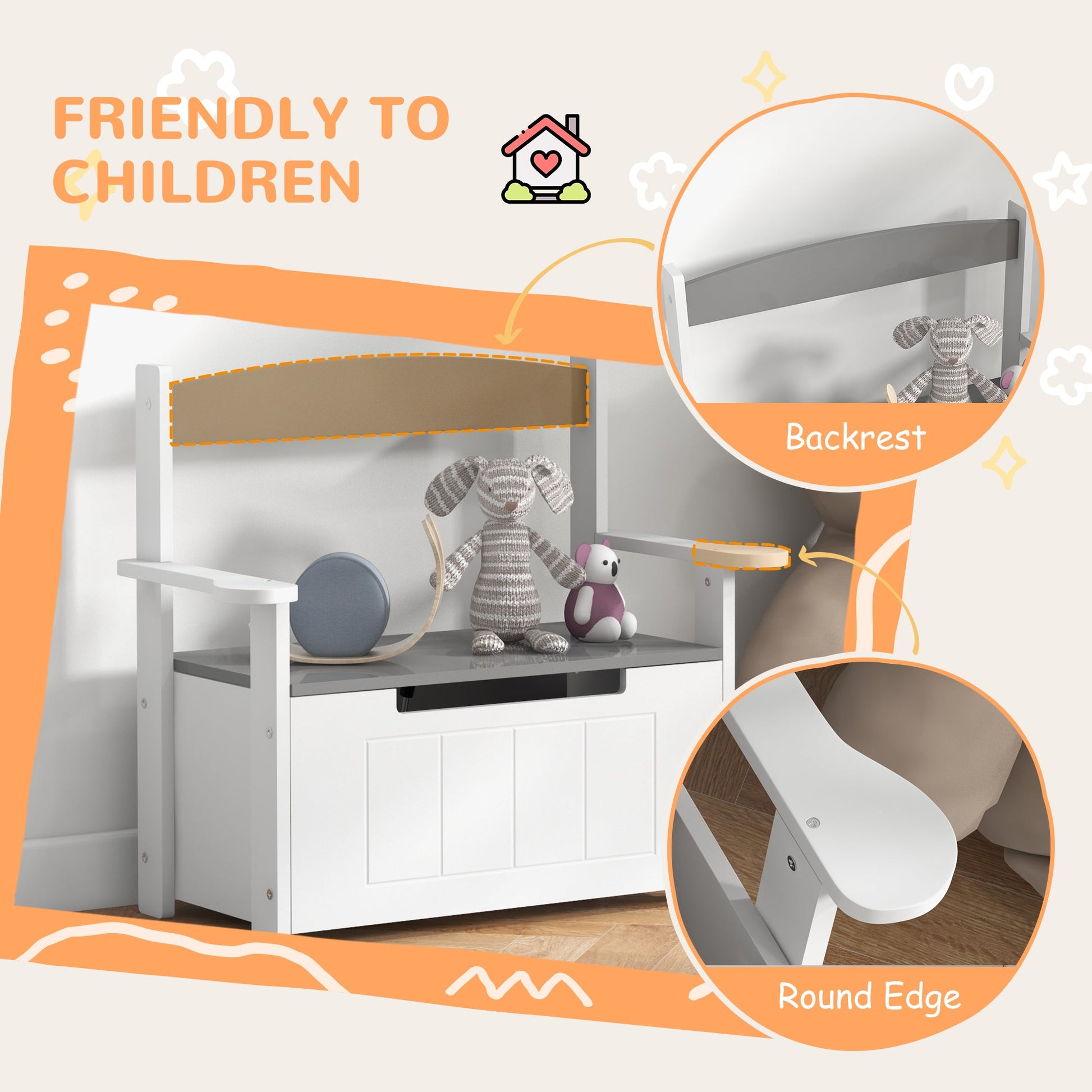 2-in-1 Toy Box for Kids with Lid for Bedroom, Nursery, Playroom, Grey-4
